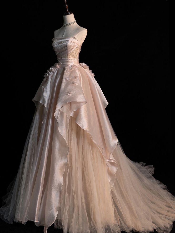 Elegante vestido de noche formal de fiesta rosa, corte A, sin tirantes, de tul perlado, largo hasta el suelo, TP2041