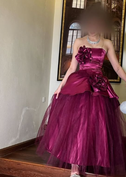 Vestido de noche formal de satén con tul y flores 3D, sin mangas, corte A, hombros descubiertos, color rosa, TP2044