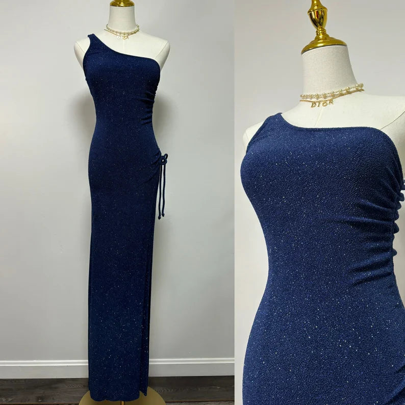 Vestido de noche azul marino de un solo hombro con abertura alta y lentejuelas, largo hasta el suelo, TP2070