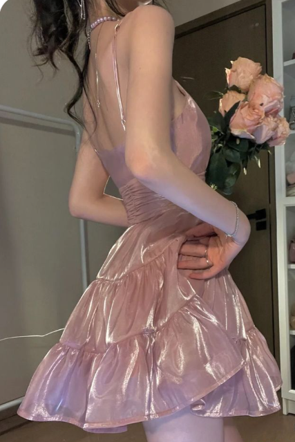 Sweet Pink A-line Spaghetti Strap Short Birthday Party Dress Homecoming Dress TP2075