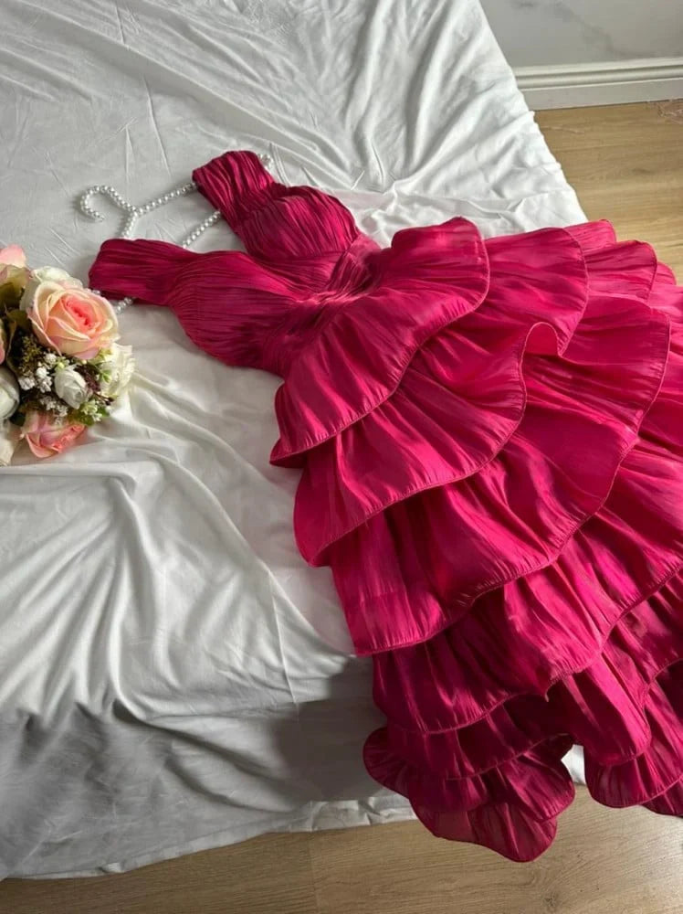Vintage Pink V Neck Layered Tea Length Evening Gown Homecoming Dress TP2078