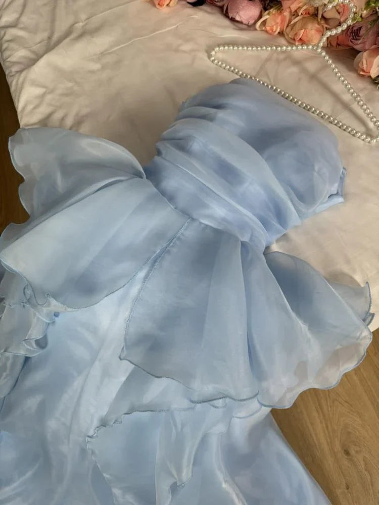 Elegante vestido de noche azul de corte A, sin mangas, de tul con volantes, TP2080