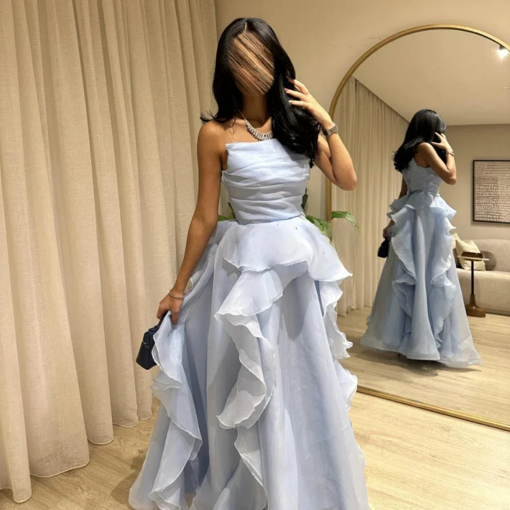 Elegante vestido de noche azul de corte A, sin mangas, de tul con volantes, TP2080