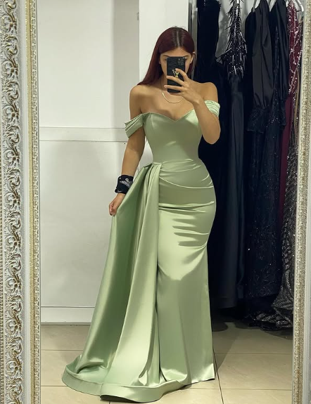 Vestido de noche verde encantador de satén estilo sirena, con hombros descubiertos y largo hasta el suelo, TP2085