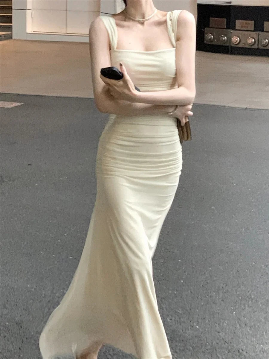 Elegante vestido de fiesta amarillo claro de sirena, de gasa, de manga corta y largo hasta los tobillos, TP2087