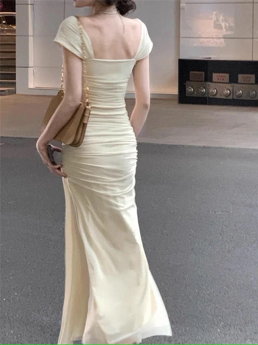Elegante vestido de fiesta amarillo claro de sirena, de gasa, de manga corta y largo hasta los tobillos, TP2087