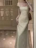 Elegante vestido de fiesta amarillo claro de sirena, de gasa, de manga corta y largo hasta los tobillos, TP2087