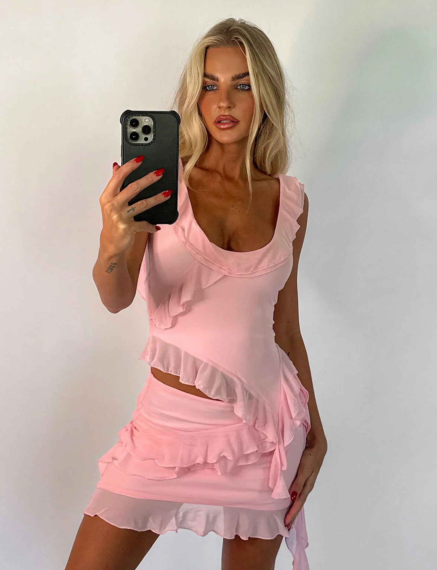 Sexy Pink Two Piece Low Cut Chiffon Ruffle Party Dress Homecoming Dress TP2098