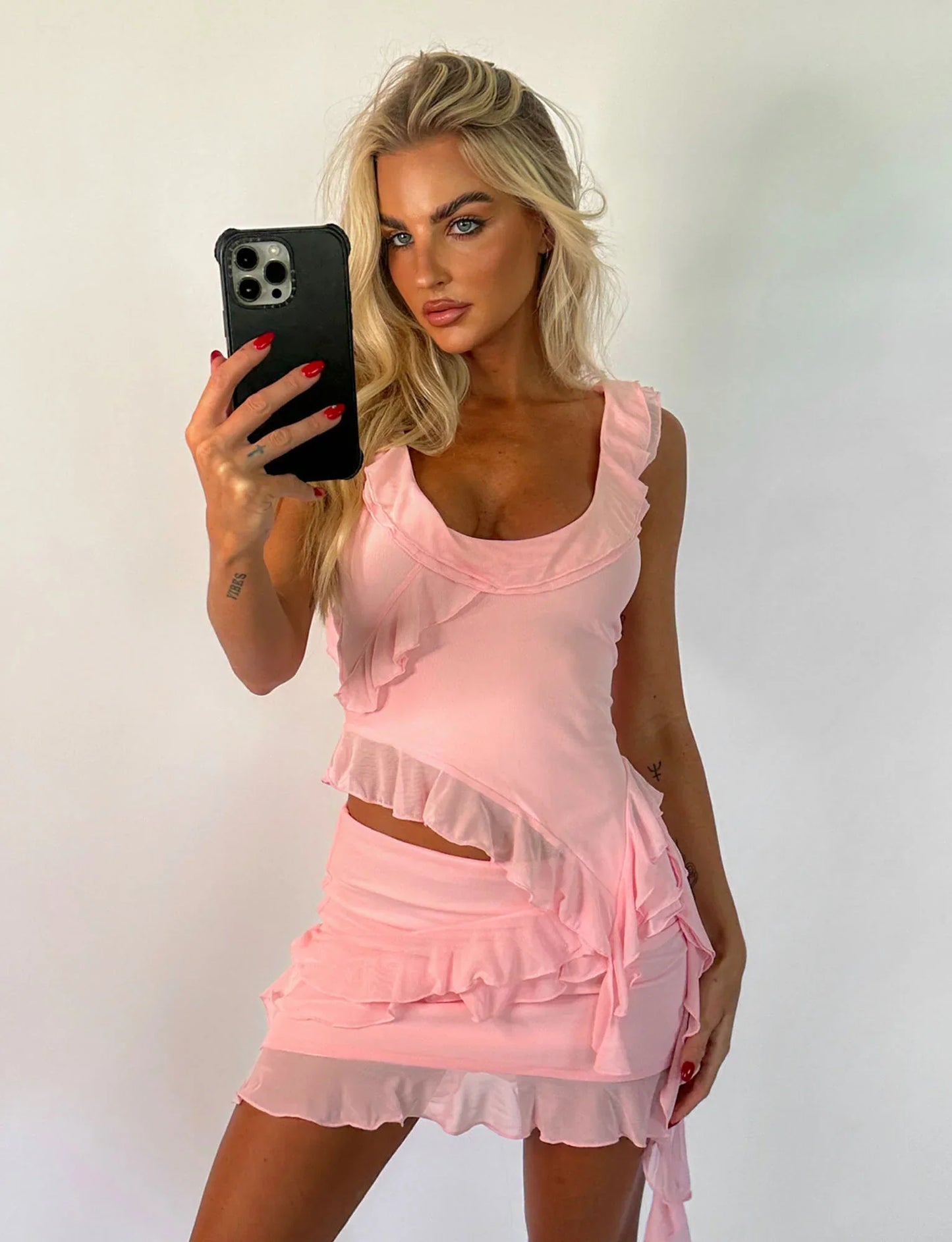 Sexy Pink Two Piece Low Cut Chiffon Ruffle Party Dress Homecoming Dress TP2098