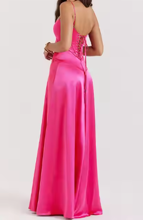 Vestido de noche sencillo de satén con tirantes finos, corte A, color rosa, TP2111
