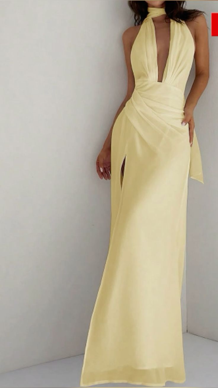 Vestido de noche amarillo claro con escote halter, escote en V profundo, espalda descubierta, de gasa, corte sirena, TP2132