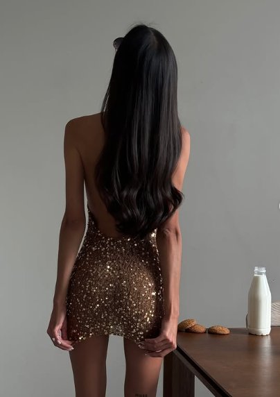Vestido mini de fiesta con lentejuelas, escote halter, escote en V profundo, hombros descubiertos, espalda descubierta, vestido de graduación TP2135