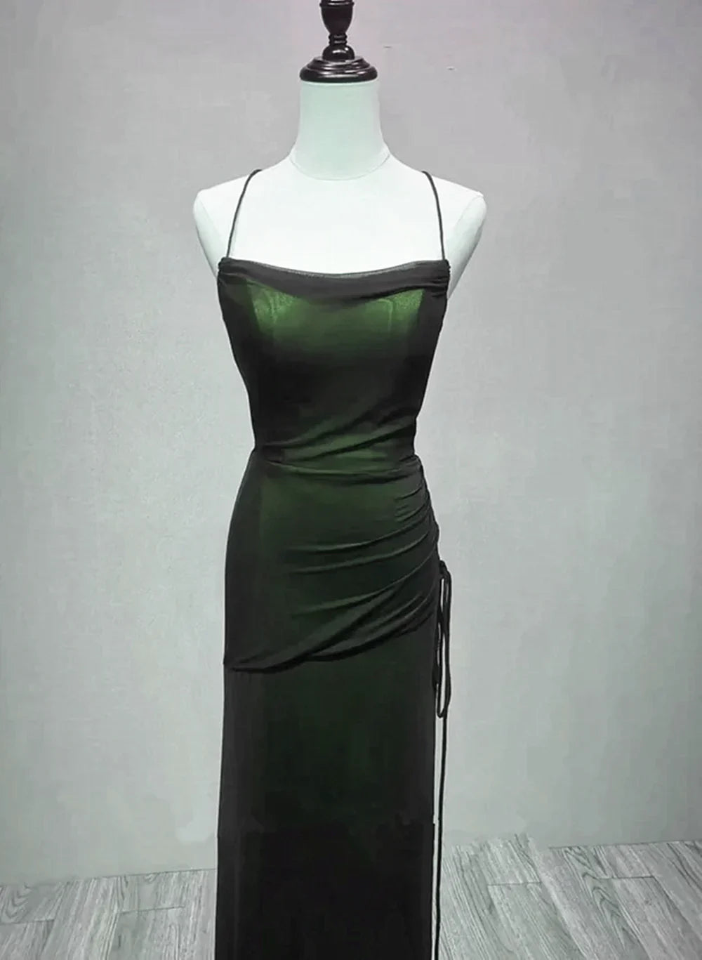 Vestido de noche largo con tirantes negros y verdes, vestido de fiesta de graduación negro y verde TP2142