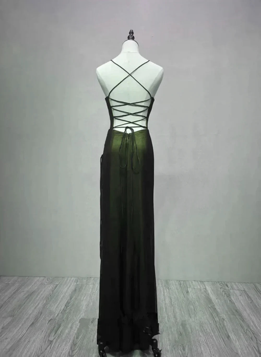 Vestido de noche largo con tirantes negros y verdes, vestido de fiesta de graduación negro y verde TP2142