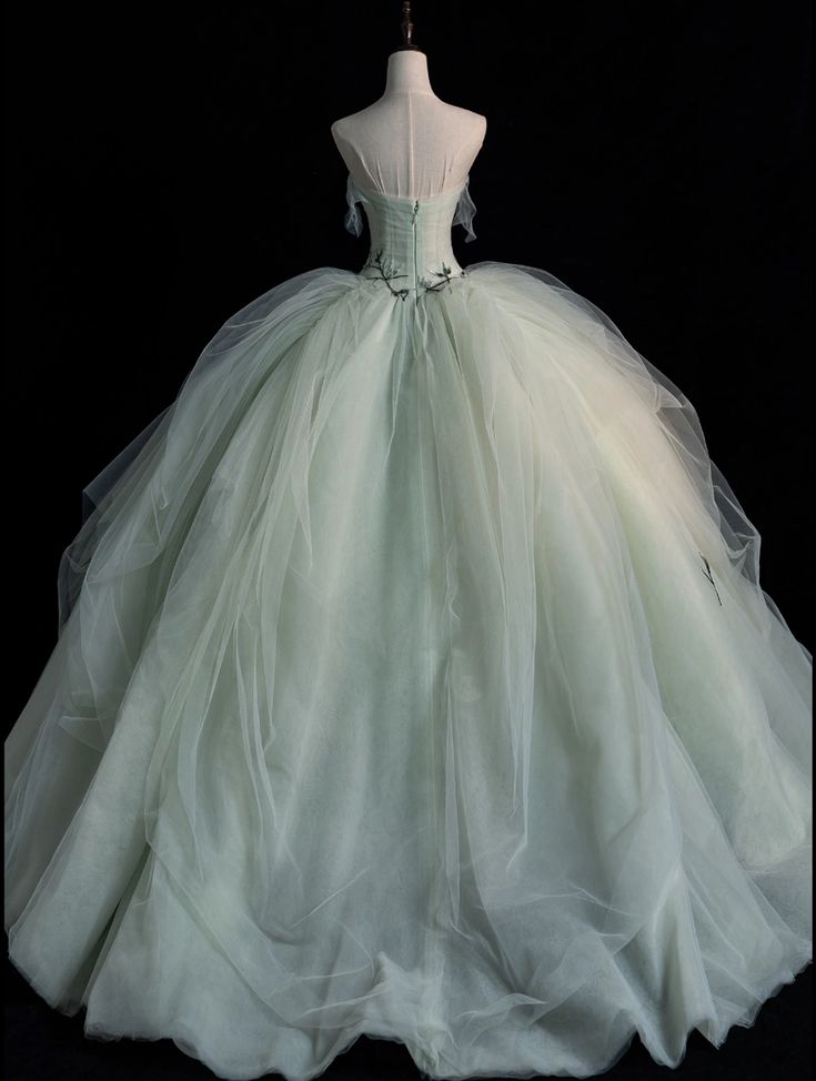 Elegante vestido de noche formal de tul sin mangas con hombros descubiertos y corte en A verde TP2166