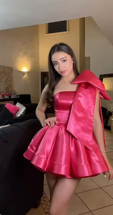 Sweet Pink Satin Bow A-line Mini Birthday Party Dress Homecoming Dress TP2229