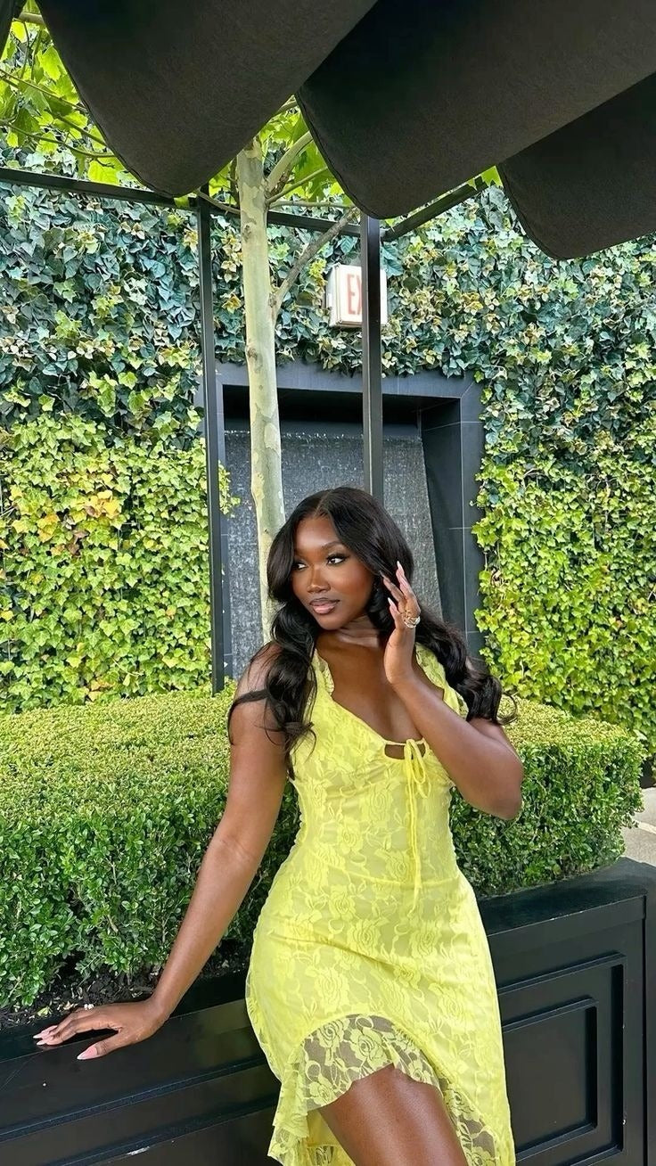 Hermoso vestido de noche amarillo sin tirantes, de encaje, de corte alto y bajo, TP2275