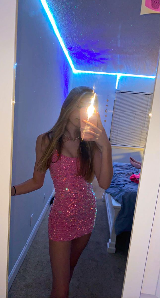 Sexy Hot Pink Spaghetti Strap Sequin Bodycon Mini Birthday Party Dress Homecoming Dress TP2397