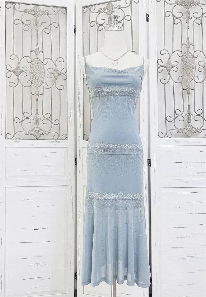 Vestido de fiesta de sirena con tirantes finos, sin mangas, sencillo, con lentejuelas azules, vestido de noche TP2510