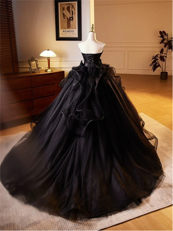 Vestido de noche formal negro con hombros descubiertos, sin mangas, corte A, tul, largo hasta el suelo, vestido de fiesta TP2562