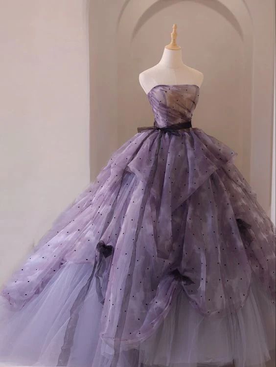 Vestido de fiesta largo de tul sin tirantes, corte A, color morado de ensueño, estilo princesa, TP2564