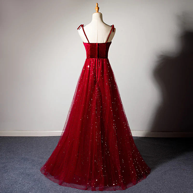 Elegant Burgundy Strapless Sleeveless A-Line Velvet Tulle Long Prom Dress Evening Dress TP2672