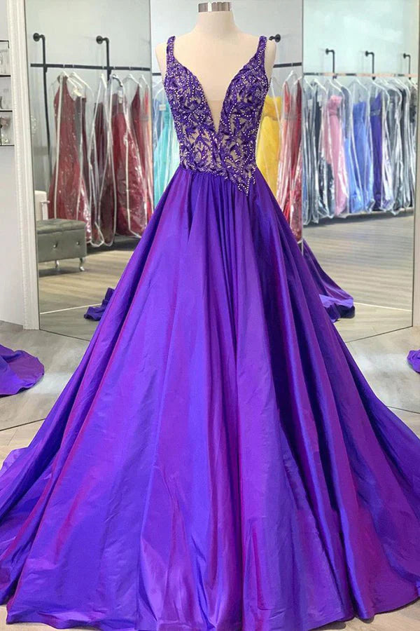 Retro Purple V Neck Sleeveless A-Line Prom Dress Evening Gown TP2675