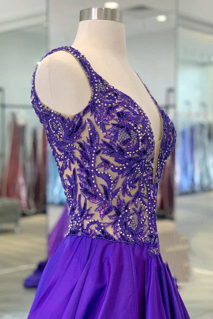 Retro Purple V Neck Sleeveless A-Line Prom Dress Evening Gown TP2675