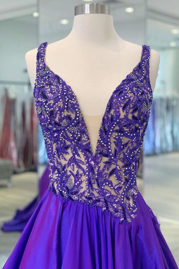 Retro Purple V Neck Sleeveless A-Line Prom Dress Evening Gown TP2675