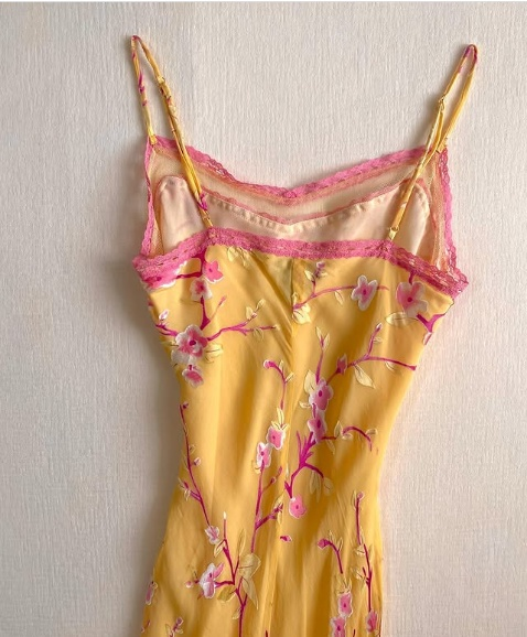 Vestido de fiesta vintage amarillo con cuello halter, estampado de gasa, corte sirena, vestido de noche TP2683