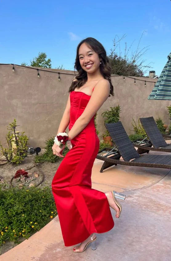 Beautiful Red Strapless Sleeveless Satin Mermaid Prom Dress Evening Dress TP2690