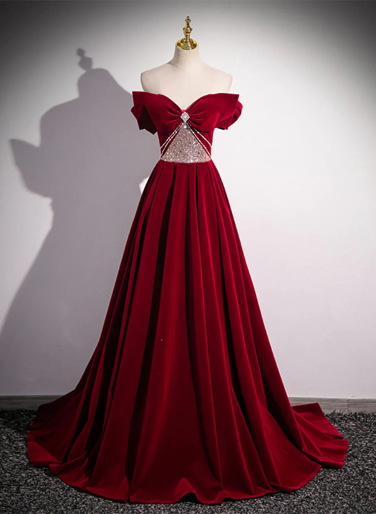 Elegant Burgundy Off-the-shoulder Sequin Beaded A-line Prom Dress Evening Dress TP2756