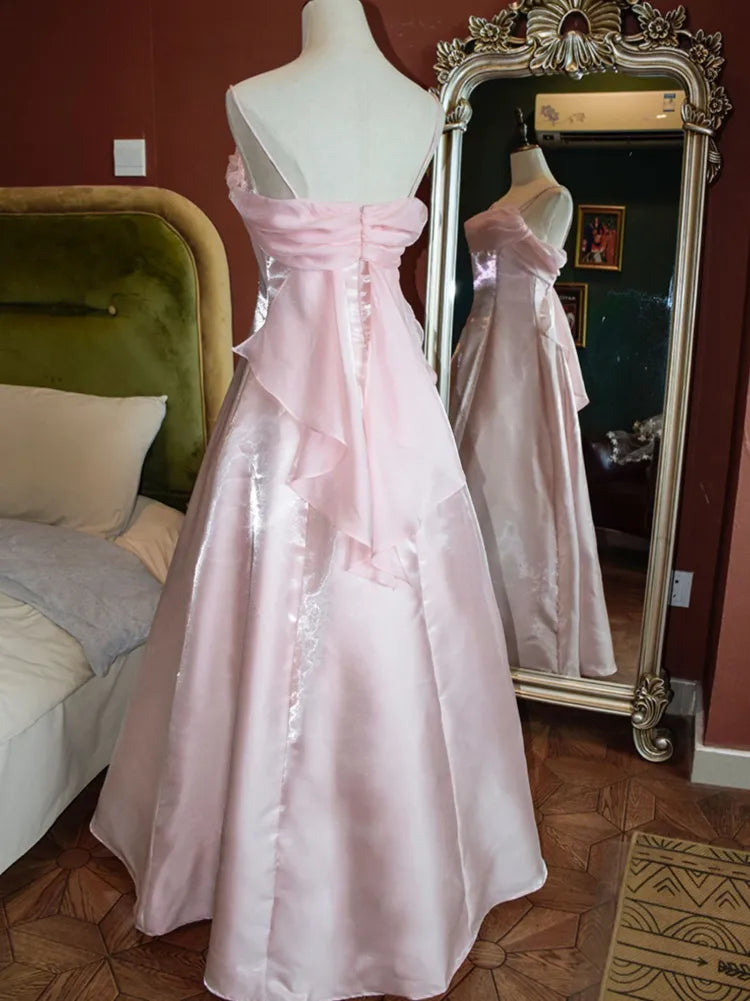 Vestido de fiesta largo con tirantes, corte A, color rosa dulce, TP2760