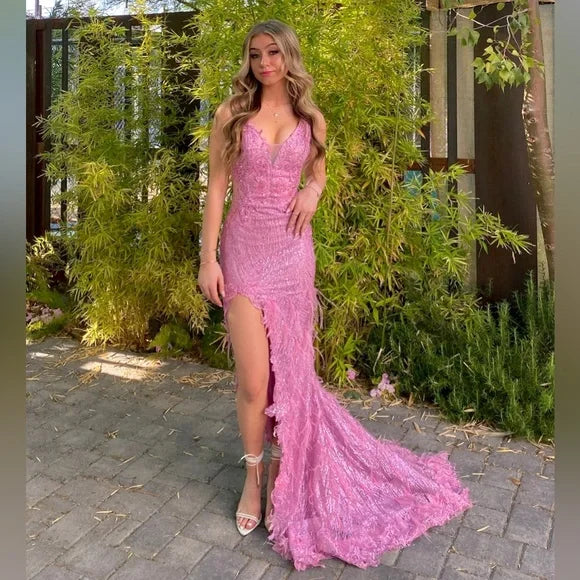 Hermoso vestido de fiesta de noche con escote en V, abertura alta, lentejuelas y corte sirena, largo hasta el suelo, color rosa TP2763