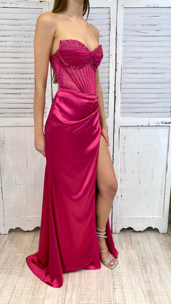 Beautiful Hot Pink Strapless Sweetheart Neck Slit Satin Floor Length Prom Dress Evening Gown TP2773