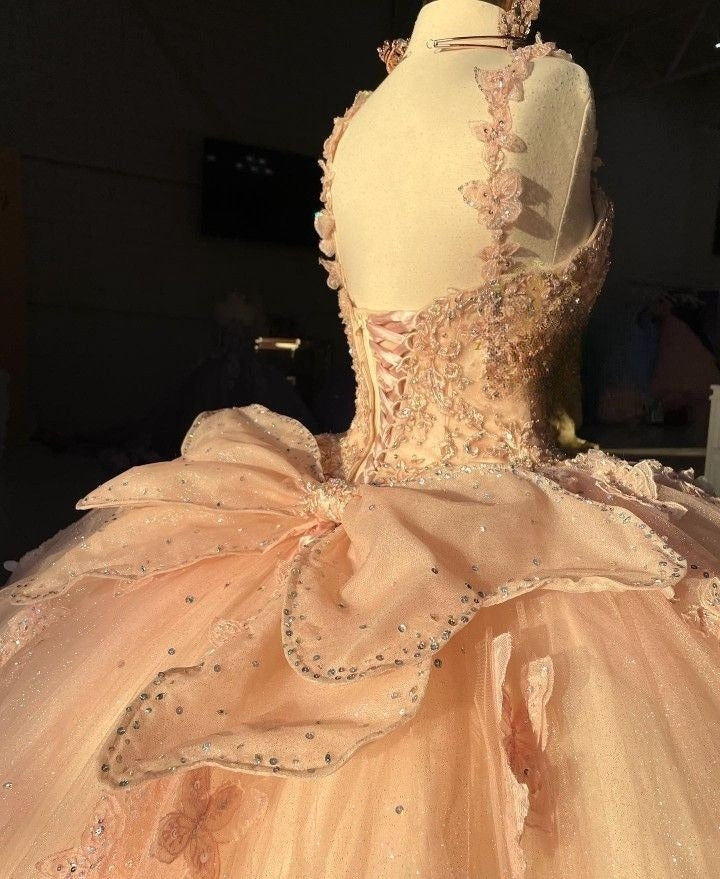 Sweet Pink Shoulder Strap Sequined Bowknot Sweet 16 Quinceanera V-neck Butterfly A-line Tulle Prom Dress Ball Gown TP2785