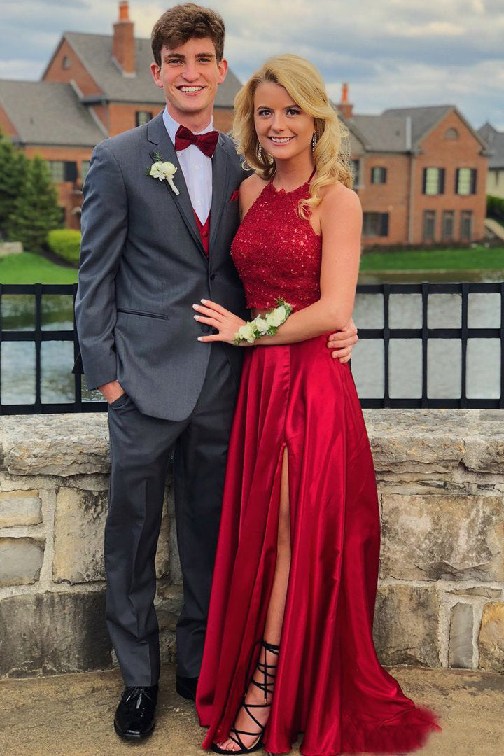 Halter A-Line Two Piece Prom Dresses With Tie Back, Red Evening Gown With Slit GP358