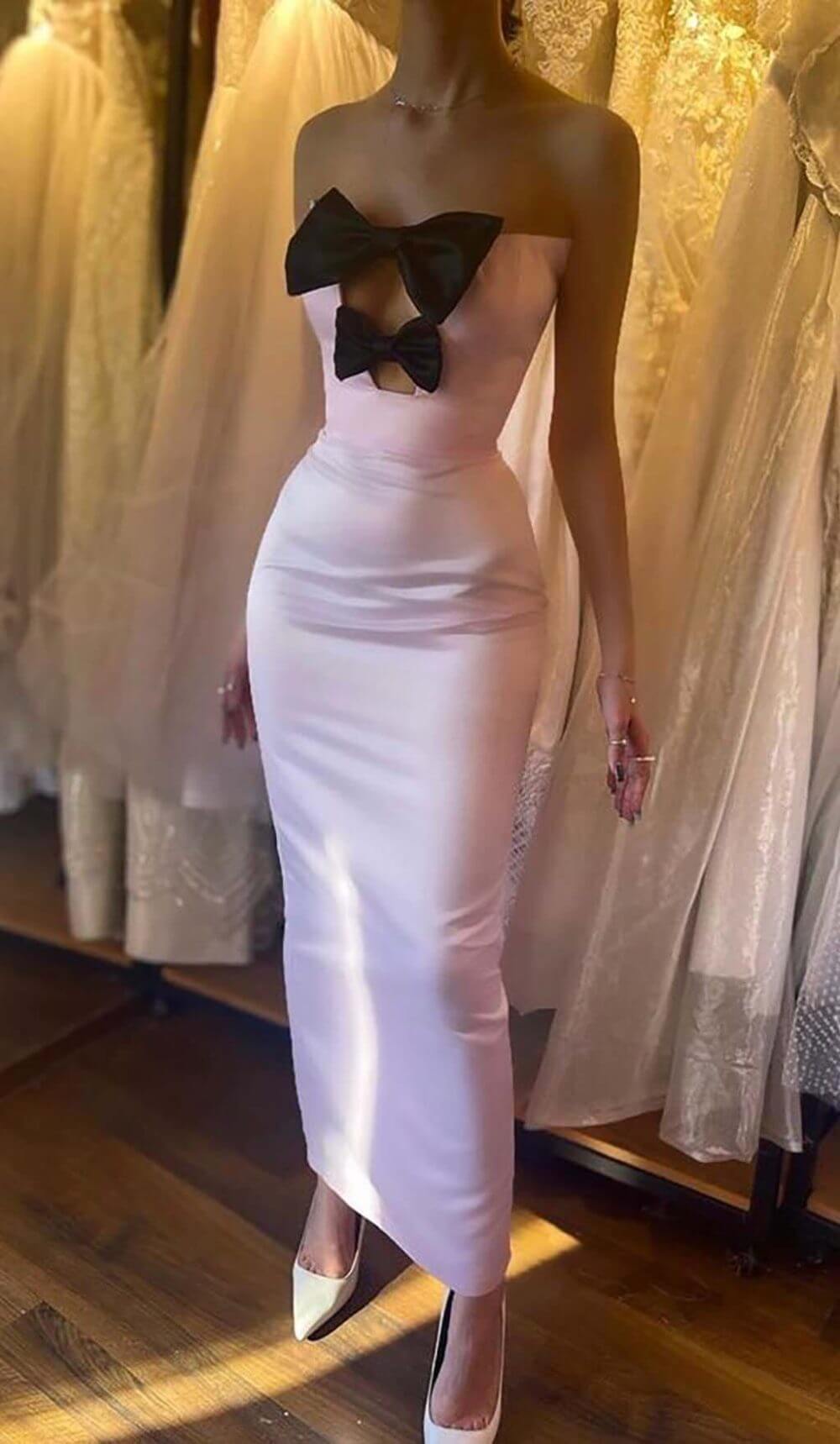 Vestido formal de noche para graduación, único, sin tirantes, con lazo y sin mangas