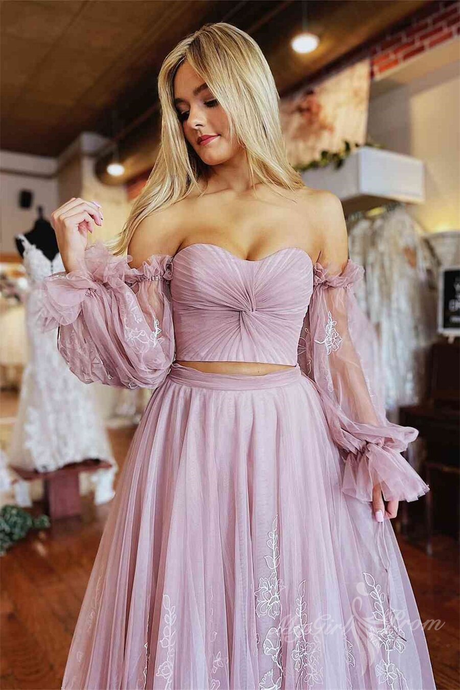 Two Piece Blush Pink Pleated Long Sleeves Lace Tulle Long Prom Dress GP498
