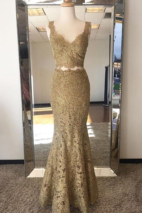 V-Neck Two Piece Lace Gold Prom Dress, Mermaid Lace Evening Gown MP1156