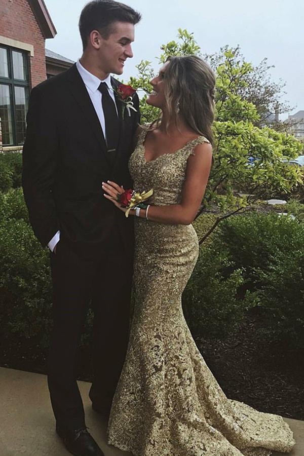 V-Neck Two Piece Lace Gold Prom Dress, Mermaid Lace Evening Gown MP1156