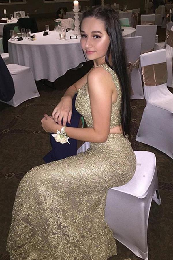 V-Neck Two Piece Lace Gold Prom Dress, Mermaid Lace Evening Gown MP1156