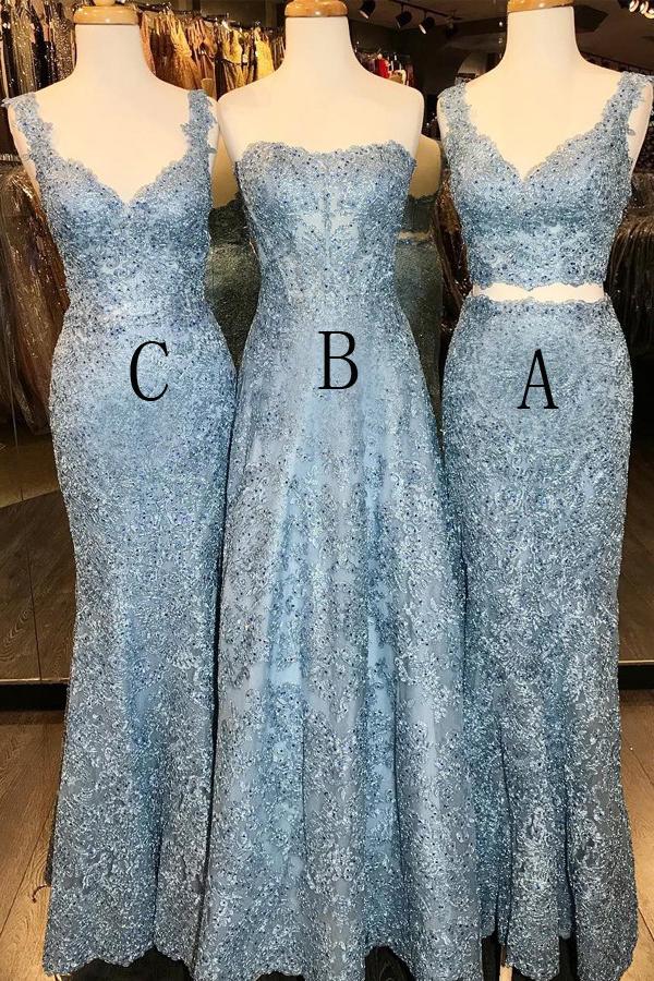 V-Neck Two Piece Lace Gold Prom Dress, Mermaid Lace Evening Gown MP1156