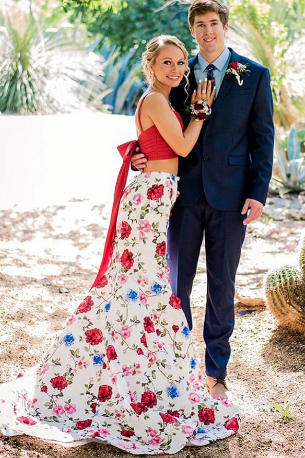 Satin Floral Print Mermaid Two Piece Prom Dress with Bowknot GP04