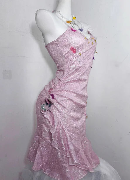Vestido de fiesta de 16 años con lentejuelas rosas brillantes y tirantes finos, diseño de mariposa, TP4042