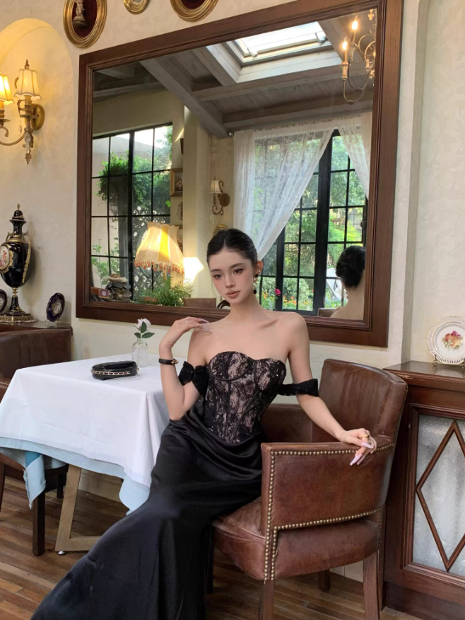 Khaki Elegant Sheath Off the Shoulder Sequin Lace Satin Prom Dress Evening Dress SH3761