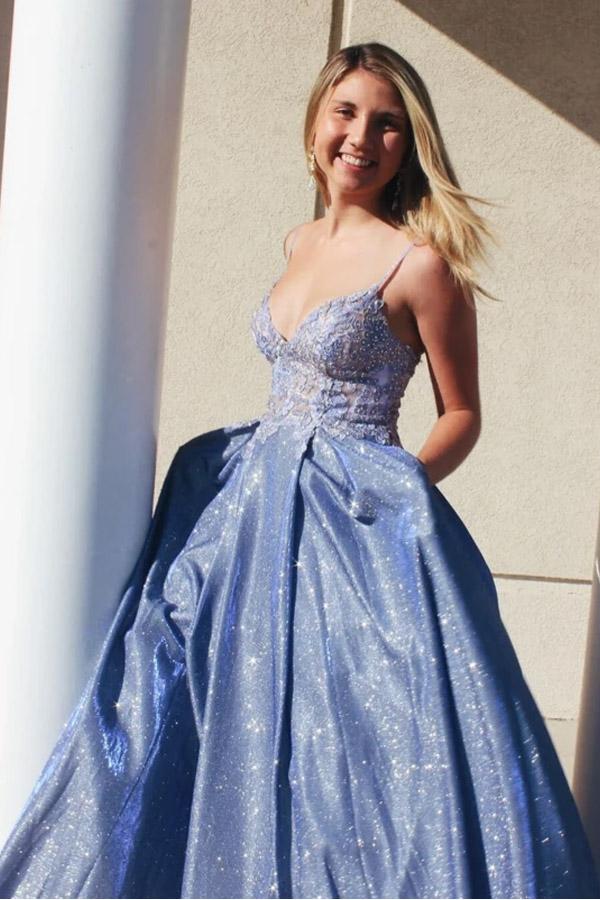Unique Sparkly Blue Prom Dresses A-line Appliqued Evening Gowns GP175