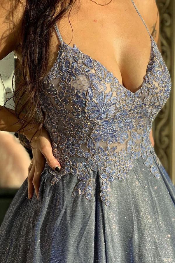 Unique Sparkly Blue Prom Dresses A-line Appliqued Evening Gowns GP175