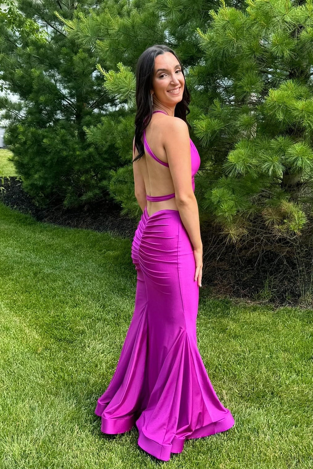 Vestido de graduación de sirena fruncido con espalda abierta y escote en V, vestidos formales largos