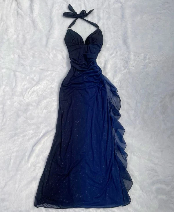 Halter Ombre Navy Blue Long Chiffon Prom Dress SH1157